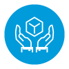 hands opening up to a cube icon in white on a bright blue background